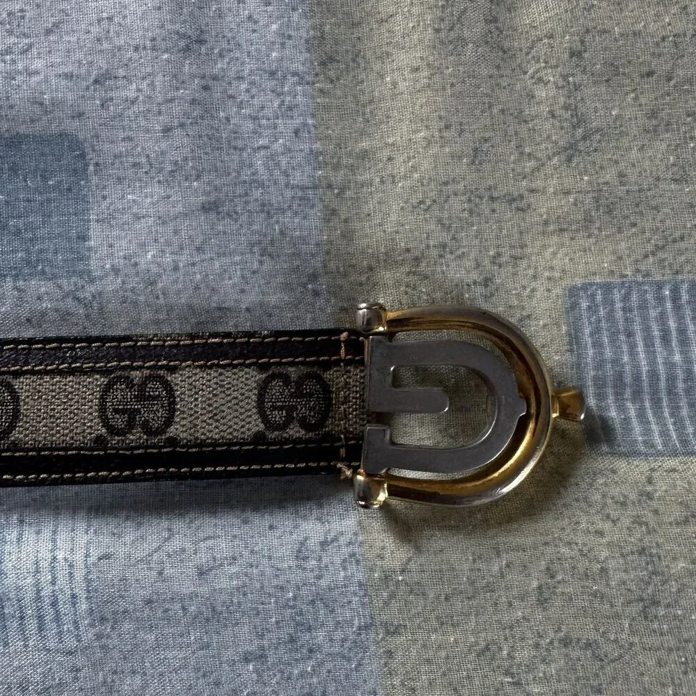 Gucci Dual Metal Monogram GG Leather Vintage Rare Canvas Dark Blue Belt Size 90